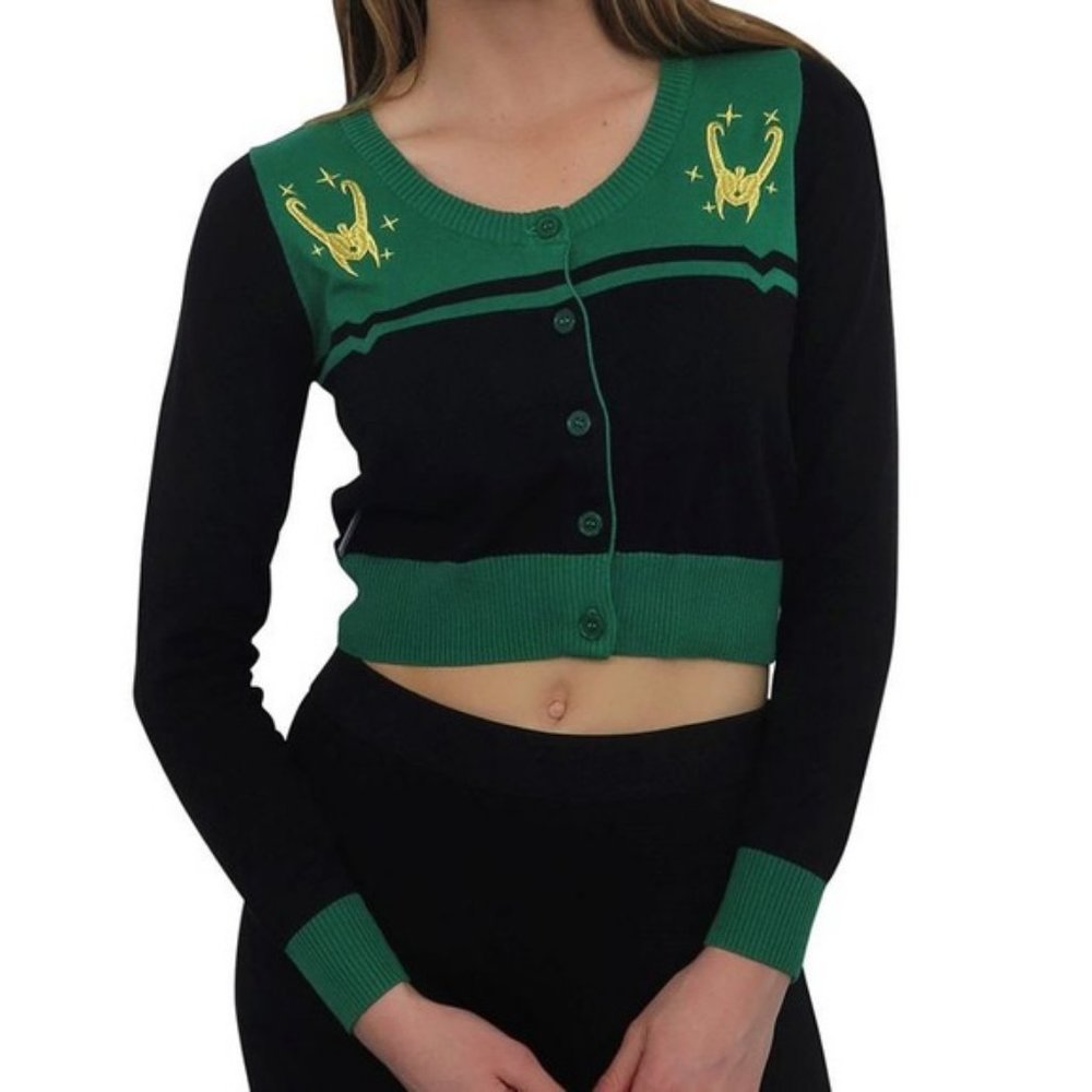 Marvel Loki Helm Vintage Long-Sleeve Crop Cardigan Sz Large We Love Fine